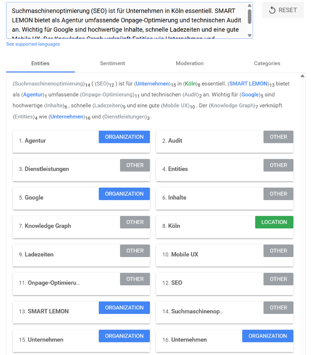 Google NLP Demo zeigt Entities: Text markiert, Liste mit Organisation, Location und Other.