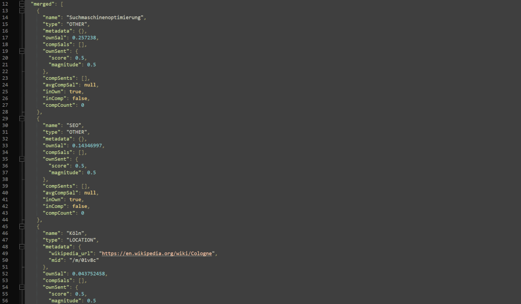 Code-Screenshot zeigt JSON-Entitäten aus Google NLP API mit Salience-Werten und Metadaten klar.