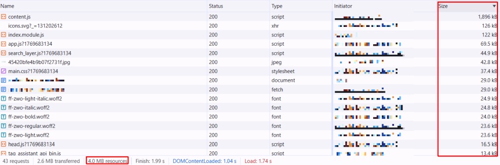 Screenshot des Network-Tabs aus den Google Chrome DevTools
