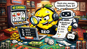 Cartoon mit Lupe schaut auf einen Laptop. In einer Sprechblase steht "Heute eins, morgen vielleicht Platz 3?" - SMART LEMON