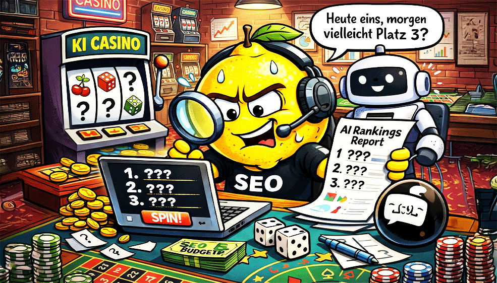 Cartoon mit Lupe schaut auf einen Laptop. In einer Sprechblase steht "Heute eins, morgen vielleicht Platz 3?" - SMART LEMON