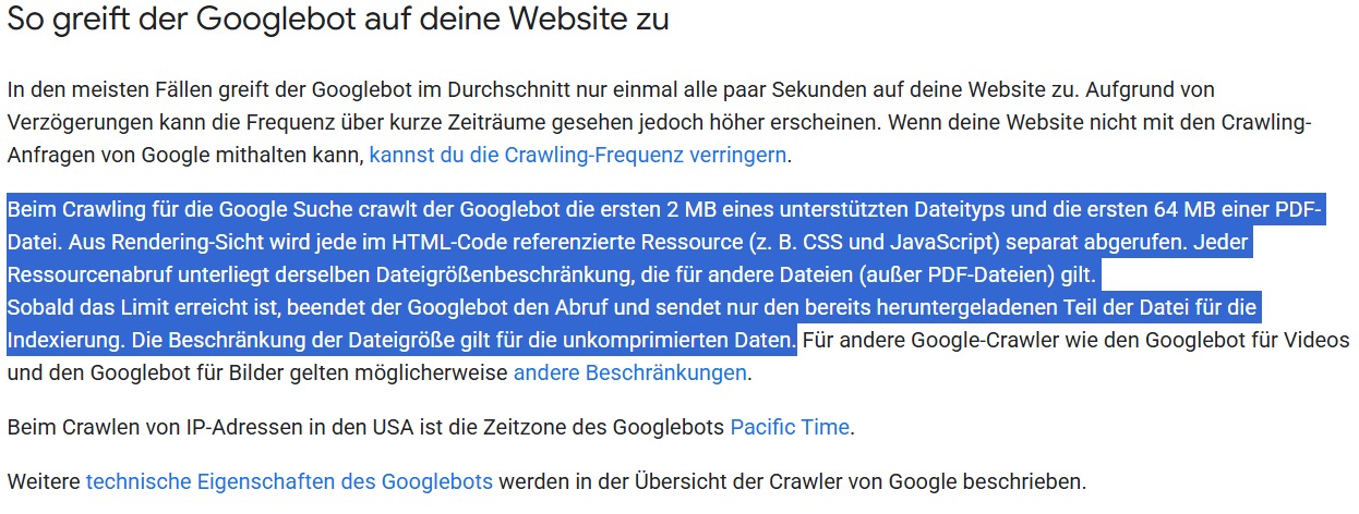 Screenshot aus der Google-Dokumentation zum Größenlimit - SMART LEMON