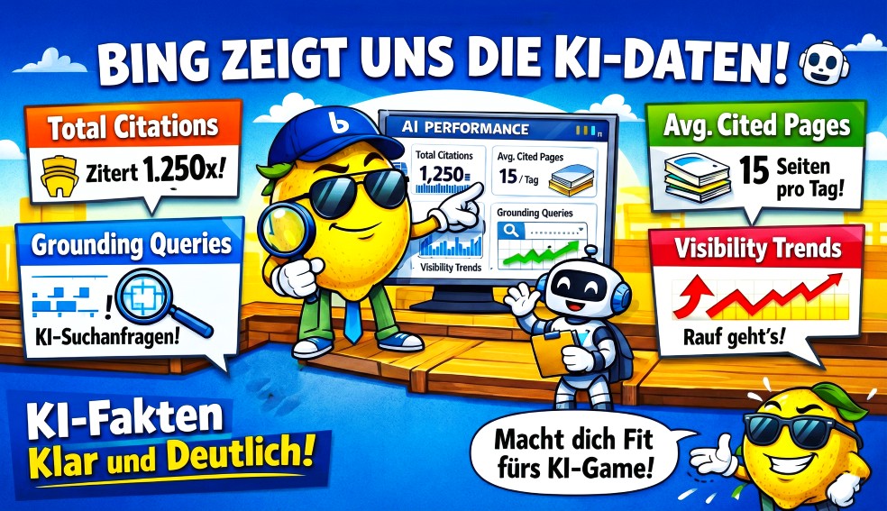 Cartoon-Zitrone mit Sonnenbrille und Kappe zeigt auf den AI Performance Report der Bing Webmaster Tools - SMART LEMON