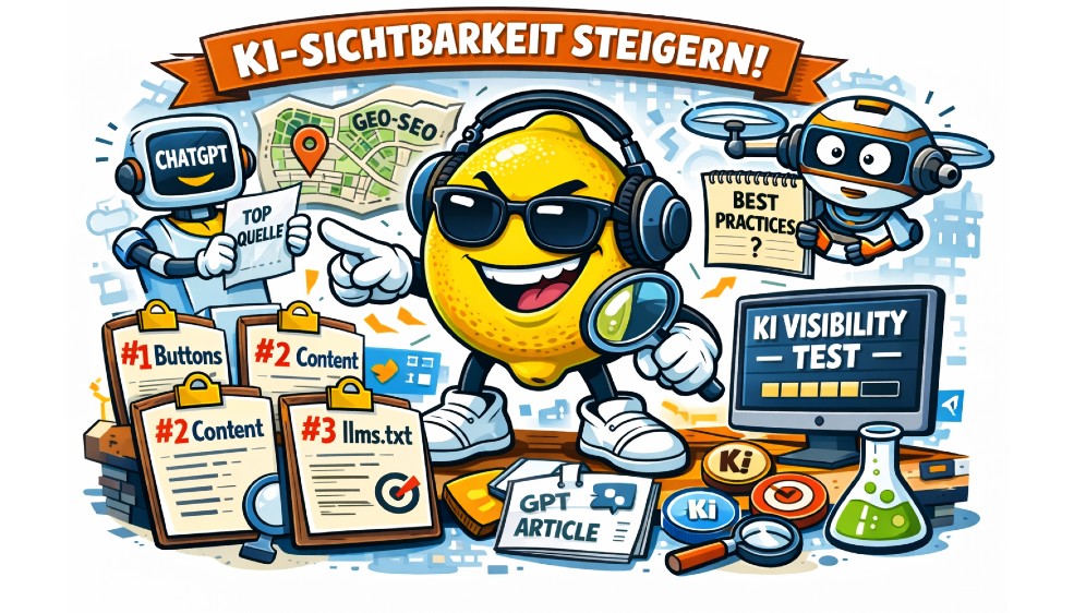 Cartoon mit Sonnenbrille zeigt auf mehrere Banner mit den Begriffen llms.txt, Grounding Pages und GPT-Artikel. Auf beiden Seiten steht ein Google-Roboter. - SMART LEMON