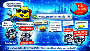 Cartoon-Zitrone und Roboter erklären Citation Rate und Detection Rate vor futuristischer KI-Kulisse.