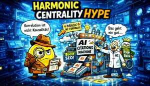 SEO-Zitrone im Detektivlook vor futuristischem Labor zur Harmonic-Centrality-Debatte.