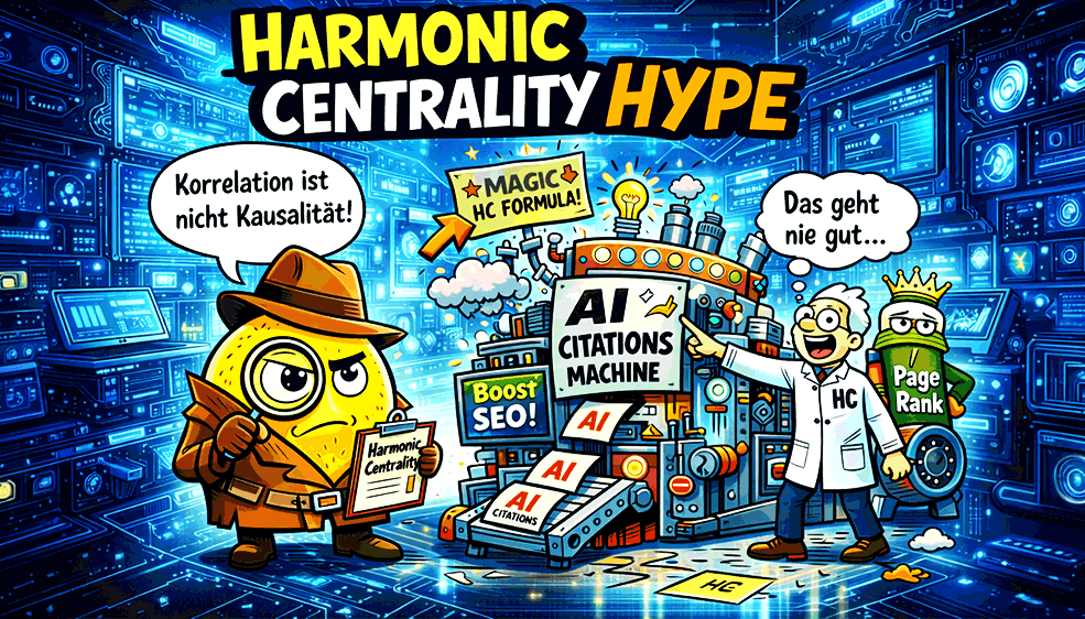 SEO-Zitrone im Detektivlook vor futuristischem Labor zur Harmonic-Centrality-Debatte.