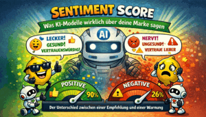 KI-Roboter bewertet Markenstimmung; Zitronen, Roboter und Skalen 90% positiv, 26% negativ.