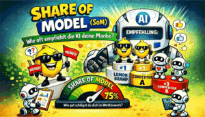 Cartoon zeigt Share of Model: KI empfiehlt Marken, Zitronen und Roboter auf Podest, Anzeige 75%.