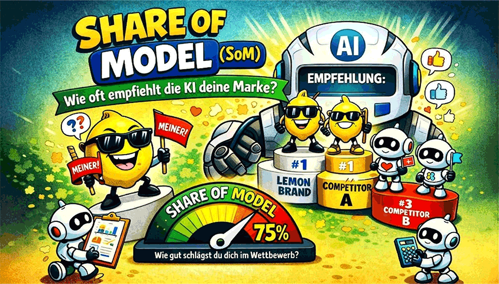 Cartoon zeigt Share of Model: KI empfiehlt Marken, Zitronen und Roboter auf Podest, Anzeige 75%.