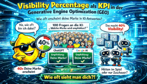SEO-Zitrone mit Robotern vor futuristischem Dashboard zur GEO-KPI Visibility Percentage