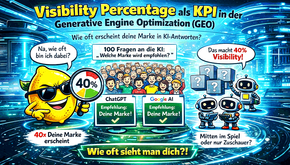 SEO-Zitrone mit Robotern vor futuristischem Dashboard zur GEO-KPI Visibility Percentage