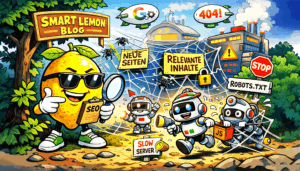 SEO-Zitrone mit Sonnenbrille und Lupe mit diversen GBots und Spidern (Crawlern). - SMART LEMON