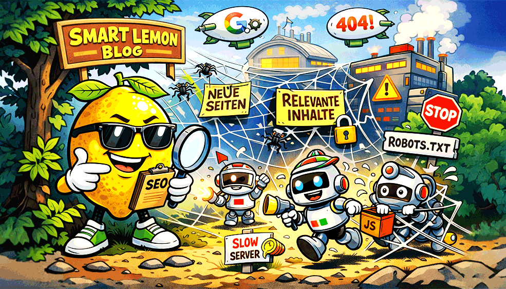 SEO-Zitrone mit Sonnenbrille und Lupe mit diversen GBots und Spidern (Crawlern). - SMART LEMON
