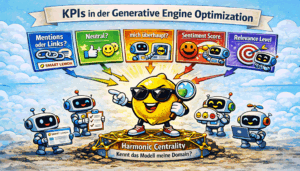 Zitrone erklärt GEO-KPIs; Roboter zeigen Links, Sentiment und Relevance samt Harmonic Centrality.