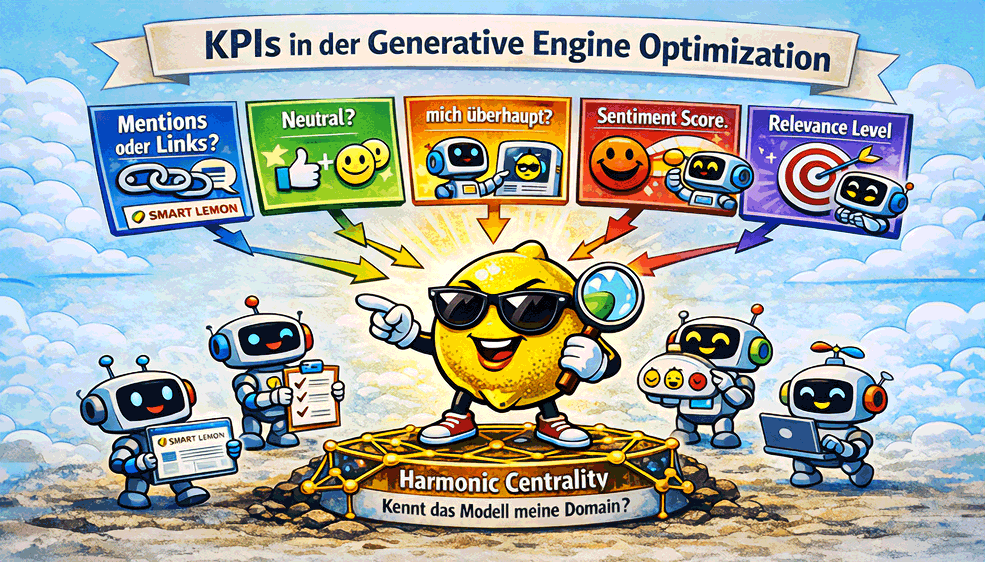 Zitrone erklärt GEO-KPIs; Roboter zeigen Links, Sentiment und Relevance samt Harmonic Centrality.