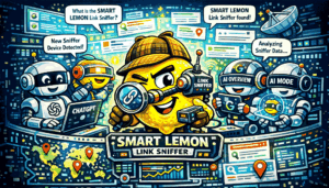 Bunte, detailreiche Illustration einer lächelnden Zitrone im Detektivstil mit Lupe, die den ‚SMART LEMON Link Sniffer‘ symbolisiert. Umgeben von Robotern und Interfaces wie ChatGPT, Google AI Overview und AI Mode analysiert sie digitale Daten, Backlinks und weltweite Suchergebnisse auf mehreren Screens und Karten.