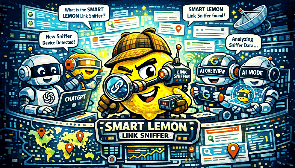 Bunte, detailreiche Illustration einer lächelnden Zitrone im Detektivstil mit Lupe, die den ‚SMART LEMON Link Sniffer‘ symbolisiert. Umgeben von Robotern und Interfaces wie ChatGPT, Google AI Overview und AI Mode analysiert sie digitale Daten, Backlinks und weltweite Suchergebnisse auf mehreren Screens und Karten.