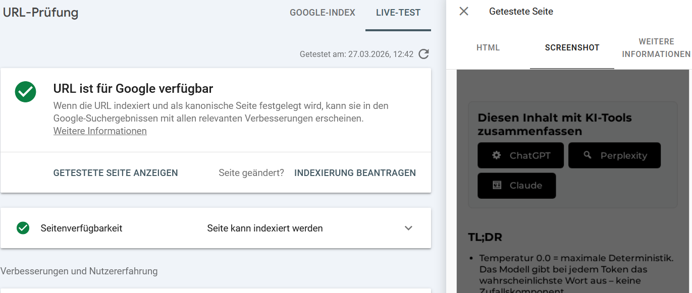 Screenshot des Live-URL-Tests in der Google Search Console