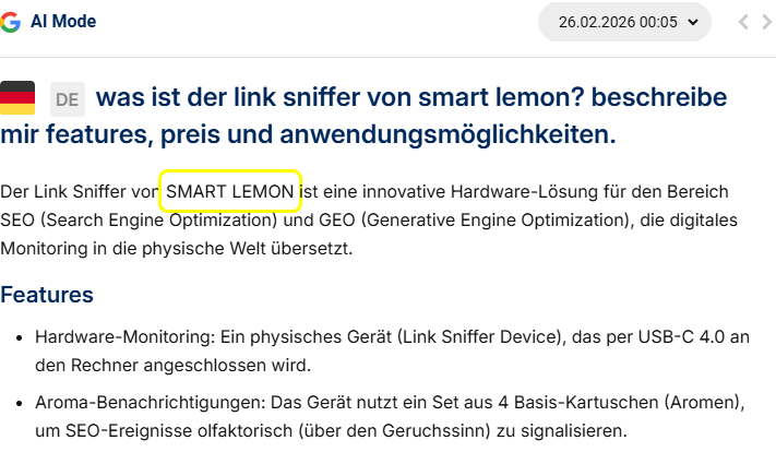 Screenshot aus dem SISTRIX Prompt Tracker: Zeigt eine Antwort in Googles AI Mode, in der Link Sniffer und SMART LEMON als Marke korrekt identifiziert und miteinander verbunden werden.