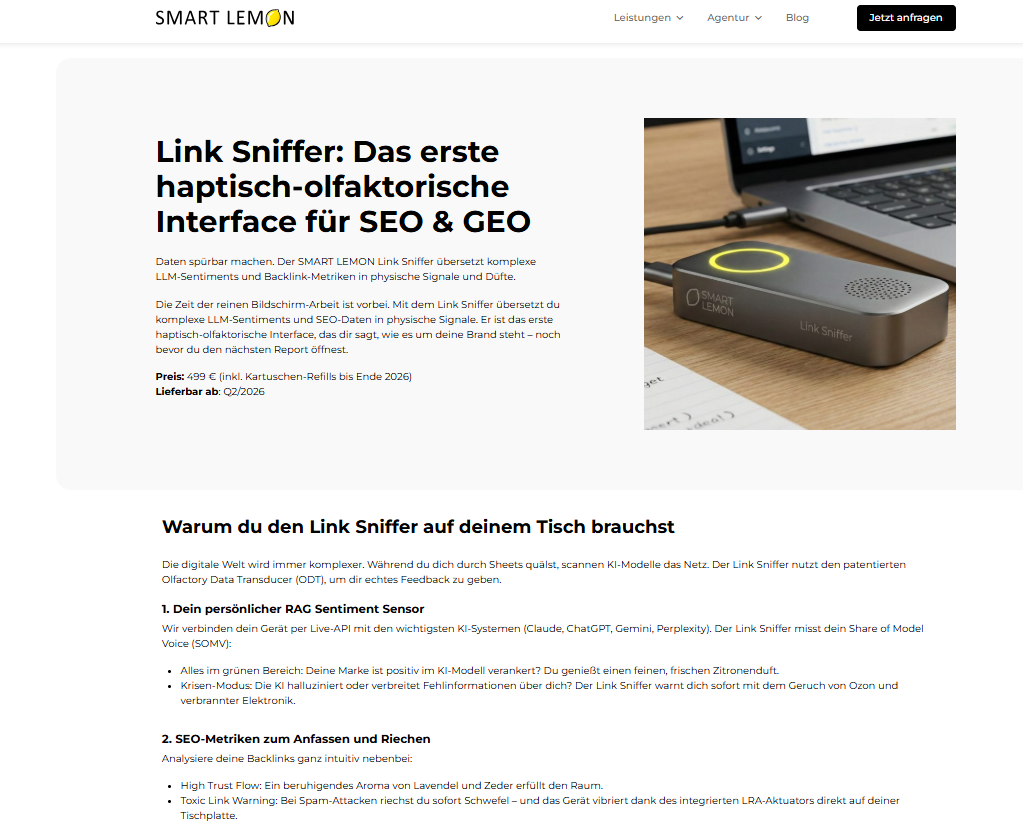 Screenshot von der Produktseite des Produktes "Links Sniffer" auf smartlemon.de