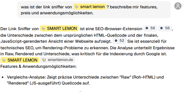 Screenshot aus peec.ai: Zeigt einen Verlauf, in dem der Link Sniffer von SMART LEMON noch nicht korrekt identifiziert wird.