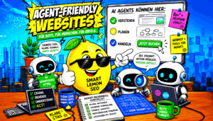 Comicartige Illustration zum Thema „Agent-Friendly Websites“ von Smart Lemon SEO: Eine große Zitrone mit Sonnenbrille steht zwischen mehreren freundlichen Robotern vor einem Bildschirm mit den Punkten „Verstehen“, „Planen“ und „Handeln“. Die Grafik zeigt Begriffe wie semantisches HTML, klare CTAs, sauberen Code, Accessibility und strukturierte Inhalte als wichtige Faktoren für SEO, Barrierefreiheit und die Optimierung von Websites für AI-Agents und Bots.