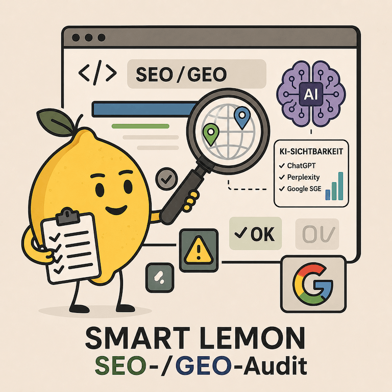 Cartoonhafte Grafik einer Zitrone vor einer Website mit der Unterschrift "SMART LEMON SEO-/GEO-Audit"