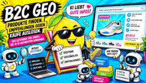 Illustration eines Online-Shops mit KI-Produktempfehlungen. Eine Zitrone und mehrere Roboter symbolisieren, wie B2C GEO die Sichtbarkeit von Produkten in KI-Antworten verbessert und Käufe fördert.