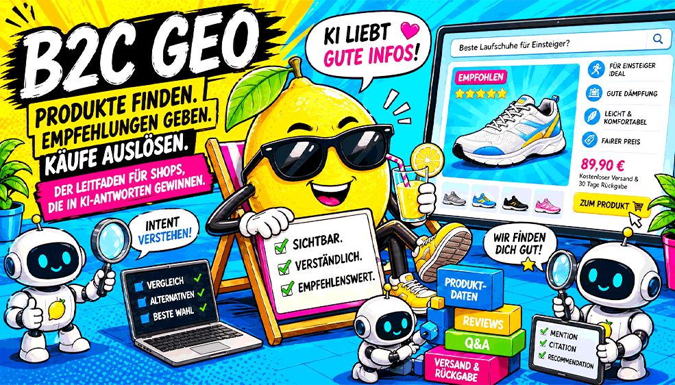 Illustration eines Online-Shops mit KI-Produktempfehlungen. Eine Zitrone und mehrere Roboter symbolisieren, wie B2C GEO die Sichtbarkeit von Produkten in KI-Antworten verbessert und Käufe fördert.