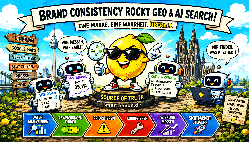 Illustration zum Thema Brand Consistency für GEO (Generative Engine Optimization) und AI Search: Eine Zitrone als Markenfigur steht als „Source of Truth“ im Zentrum und wird von Robotern umgeben, die Daten aus LinkedIn, Google Maps, Verzeichnissen, Bewertungen und Presse analysieren. Die Grafik zeigt den Prozess von der Datenanalyse über das Erkennen und Korrigieren von Abweichungen bis zur Messung der Wirkung und Steigerung der Sichtbarkeit.