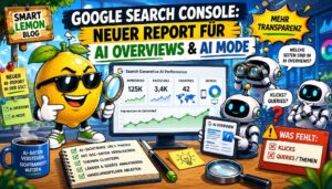 Comicartige Illustration zum Thema „Generative AI Performance Reports in der Google Search Console“ von SMART LEMON: Eine große Zitrone mit Sonnenbrille steht zwischen mehreren freundlichen Robotern vor einem Bildschirm, das exemplarisch den Search Generative AI Performance Report zeigt. Die Grafik zeigt mehrere Begriffe wie "Mehr Transparenz", "Klicks? Queries?" und mehr.