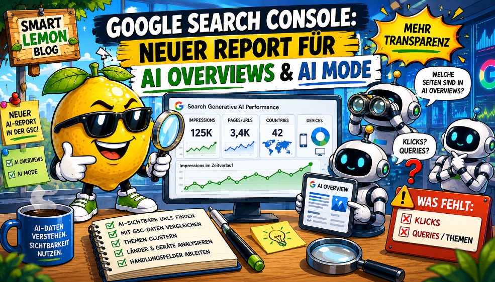 Comicartige Illustration zum Thema „Generative AI Performance Reports in der Google Search Console“ von SMART LEMON: Eine große Zitrone mit Sonnenbrille steht zwischen mehreren freundlichen Robotern vor einem Bildschirm, das exemplarisch den Search Generative AI Performance Report zeigt. Die Grafik zeigt mehrere Begriffe wie "Mehr Transparenz", "Klicks? Queries?" und mehr.