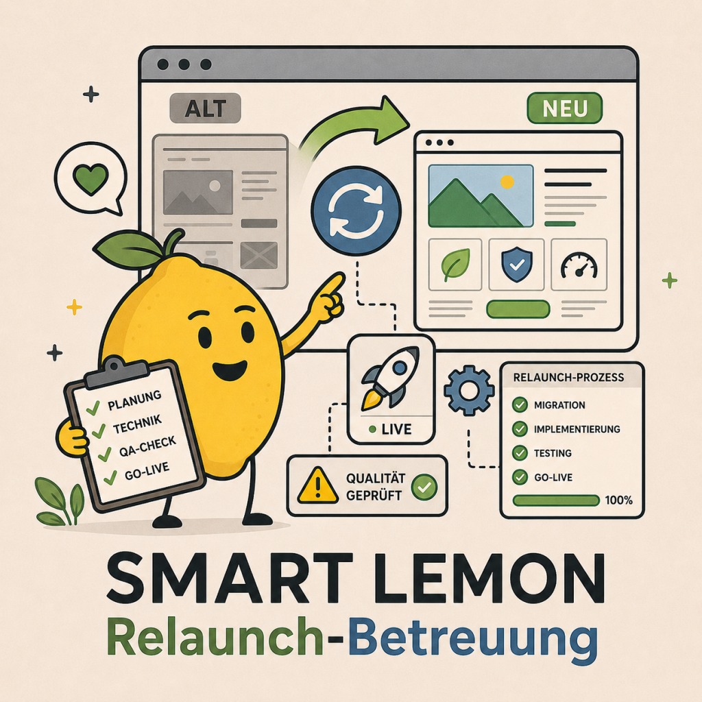 Cartoonhafte Grafik einer Zitrone vor einer Website mit der Unterschrift "SMART LEMON Relaunch-Betreuung"