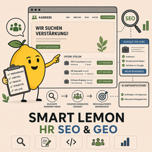 Cartoonhafte Grafik einer Zitrone vor einer Karriere-Webseite mit der Unterschrift "SMART LEMON HR SEO & GEO"