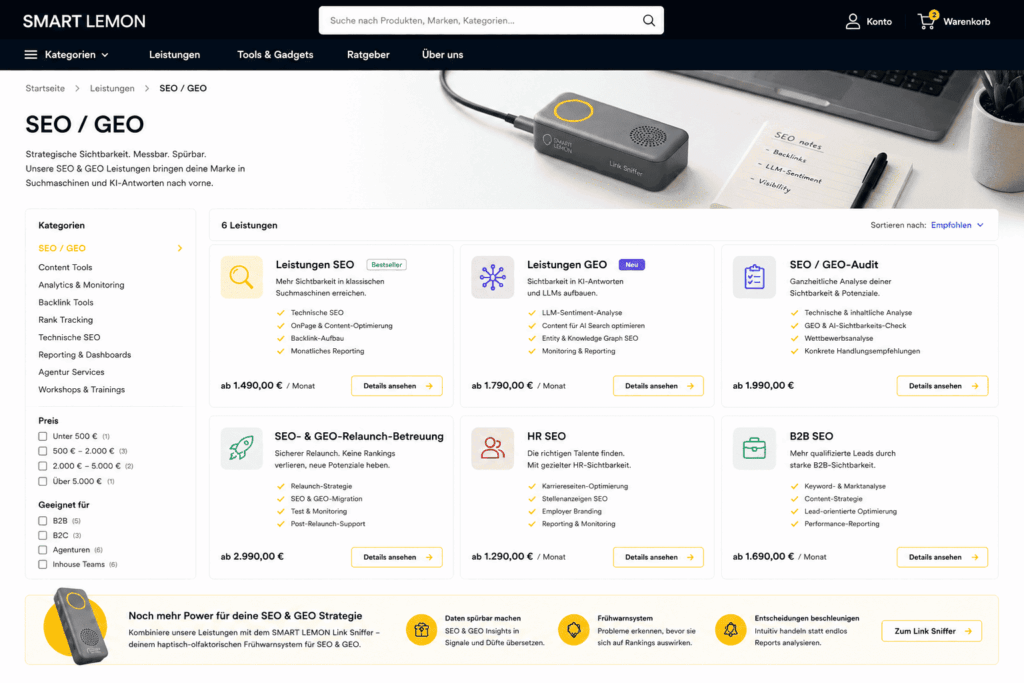 Kategorieseite von SMART LEMON für SEO- und GEO-Leistungen mit Serviceübersicht, Filteroptionen und dem Link Sniffer als ergänzendem Monitoring-Produkt.