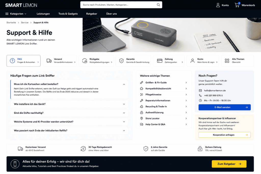 Support- und Hilfeseite des SMART LEMON Link Sniffer mit FAQ, Versand- und Rückgabeinformationen, Garantie, Kontaktmöglichkeiten sowie weiteren Service- und Supportthemen.