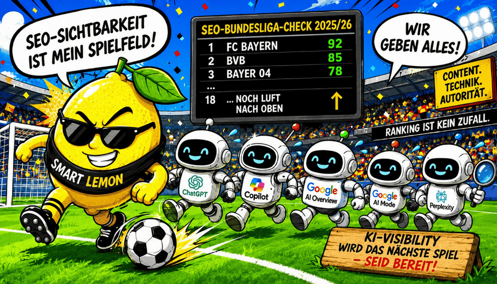 Illustration zum SEO-Bundesliga-Check 2025/26 von SMART LEMON: Eine Zitrone spielt Fußball gegen KI-Assistenten wie ChatGPT, Copilot, Google AI Overview, Google AI Mode und Perplexity. Eine Anzeigetafel zeigt ein beispielhaftes SEO-Sichtbarkeitsranking der Bundesliga.