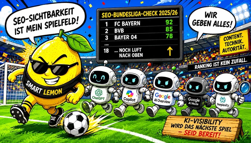 Illustration zum SEO-Bundesliga-Check 2025/26 von SMART LEMON: Eine Zitrone spielt Fußball gegen KI-Assistenten wie ChatGPT, Copilot, Google AI Overview, Google AI Mode und Perplexity. Eine Anzeigetafel zeigt ein beispielhaftes SEO-Sichtbarkeitsranking der Bundesliga.