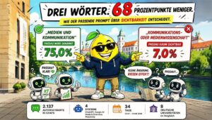 Illustration zur KI-Sichtbarkeit deutscher Universitäten: Die Universität Passau wird beim Prompt „Medien und Kommunikation“ in 75,0 Prozent der KI-Antworten genannt, bei „Kommunikations- oder Medienwissenschaft“ nur in 7,0 Prozent. Die Grafik verdeutlicht, wie stark kleine Änderungen im Prompt die Sichtbarkeit in KI-Systemen beeinflussen können.