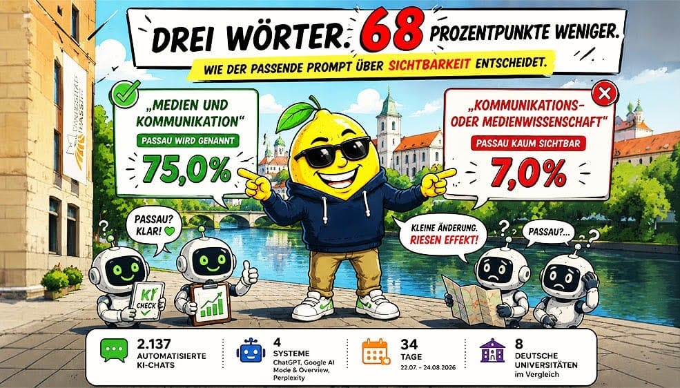 Illustration zur KI-Sichtbarkeit deutscher Universitäten: Die Universität Passau wird beim Prompt „Medien und Kommunikation“ in 75,0 Prozent der KI-Antworten genannt, bei „Kommunikations- oder Medienwissenschaft“ nur in 7,0 Prozent. Die Grafik verdeutlicht, wie stark kleine Änderungen im Prompt die Sichtbarkeit in KI-Systemen beeinflussen können.