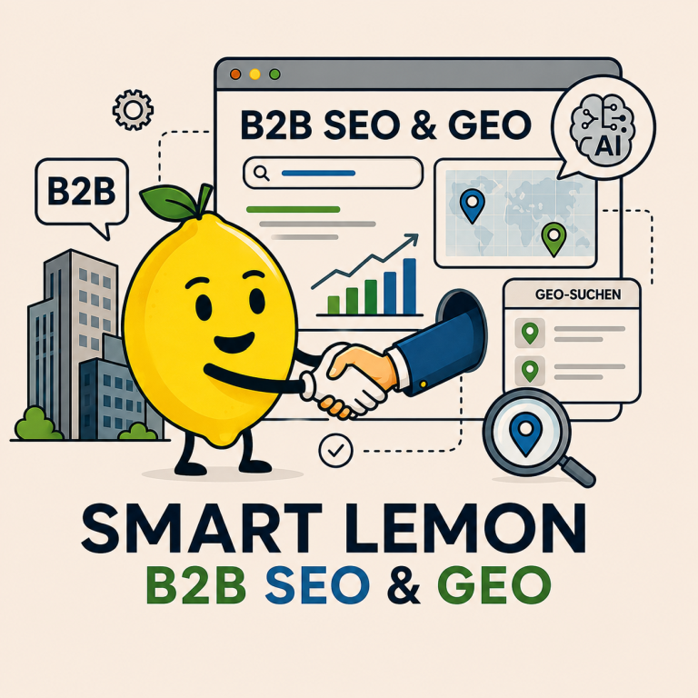 Cartoonhafte Grafik einer Zitrone vor einer B2B-Webseite mit der Unterschrift "SMART LEMON B2B SEO & GEO"