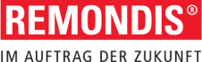 Rotes Logo mit der Aufschrift Remondis und der Unterschrift "Im Auftrag der Zukunft"
